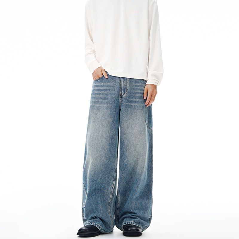 Men's American Retro Straight Leg Jeans With Inverted Pocket Design Unisex Relaxed Fit Floor-Length Denim Trousers_mkmklike.com