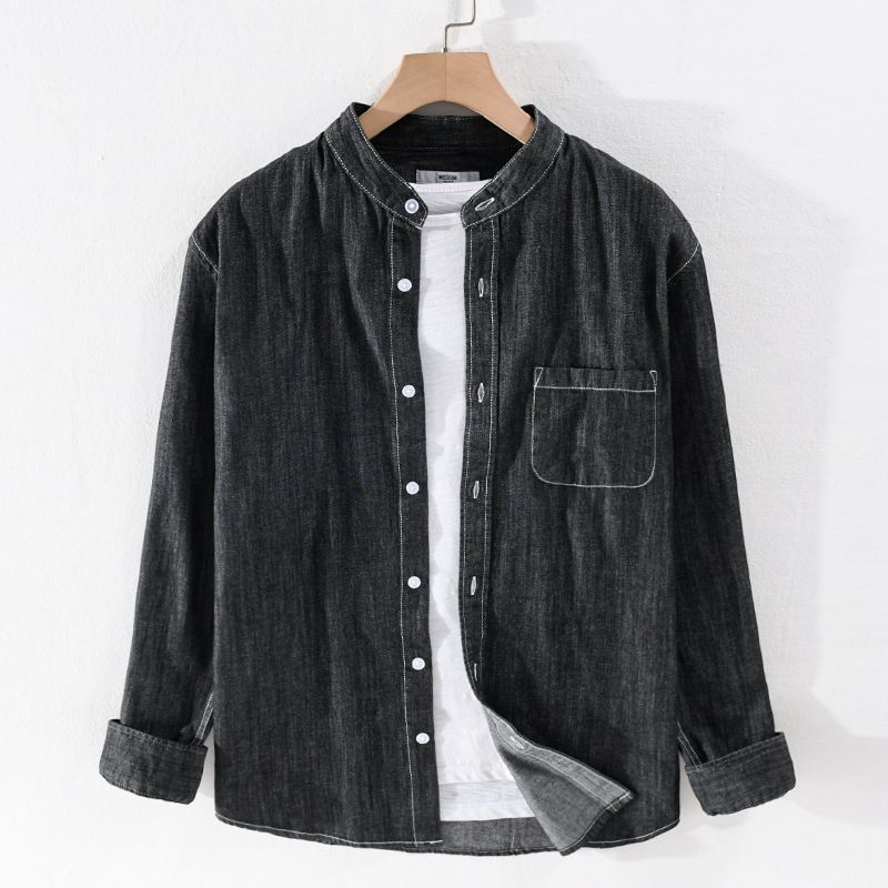 Pulse Round Neck Men's Spring Autumn European And American Striped Denim Stand Collar Artistic Cotton Long Sleeve Shirt_mkmklike.com
