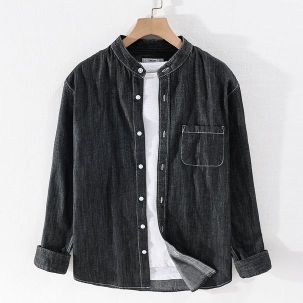 Pulse Round Neck Men's Spring Autumn European And American Striped Denim Stand Collar Artistic Cotton Long Sleeve Shirt_mkmklike.com