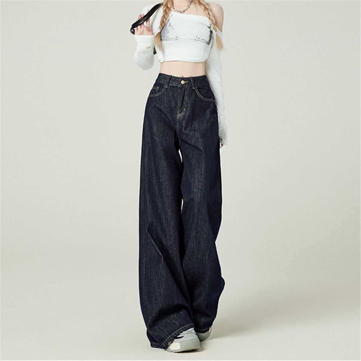 Retro Wide Leg Jeans For Women High Waist Loose Fit Pear Shape Denim Blue Autumn Winter American Style Trousers_mkmklike.com
