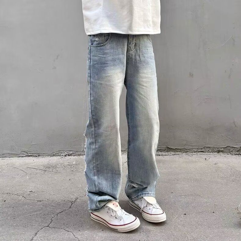 Light Blue Ripped Jeans For Men, Summer Hip-hop Distressed Pants, European And American Street Style Straight-leg_mkmklike.com