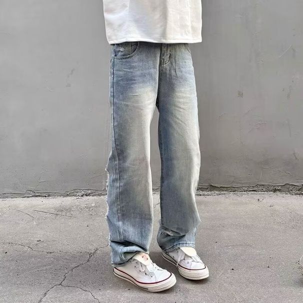 Light Blue Ripped Jeans For Men, Summer Hip-hop Distressed Pants, European And American Street Style Straight-leg_mkmklike.com