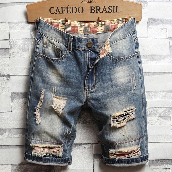 Men's Clothing Lined Fabric Jeans Tattered Five Point Beggar Pants Summer Trendy Personalized Jeans_mkmklike.com