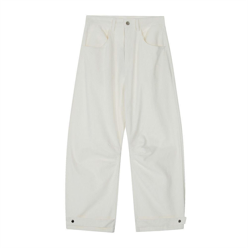 Solid Color Pleated Jeans For Men American Street Style Trendy Ins Design Patch Decoration Loose Wide-Leg Pants_mkmklike.com