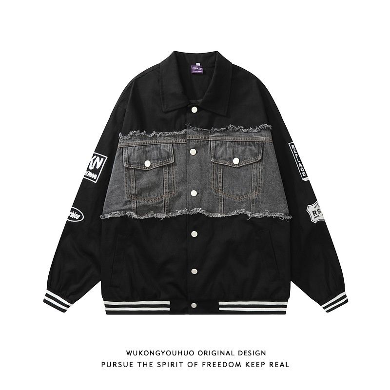 Loom European And Street Style Denim Patchwork Turn-Down Collar Jacket For Men, American Loose BF Versatile Casual Trendy_mkmklike.com