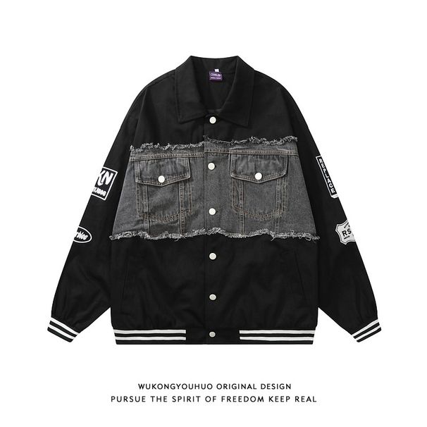 Loom European And Street Style Denim Patchwork Turn-Down Collar Jacket For Men, American Loose BF Versatile Casual Trendy_mkmklike.com