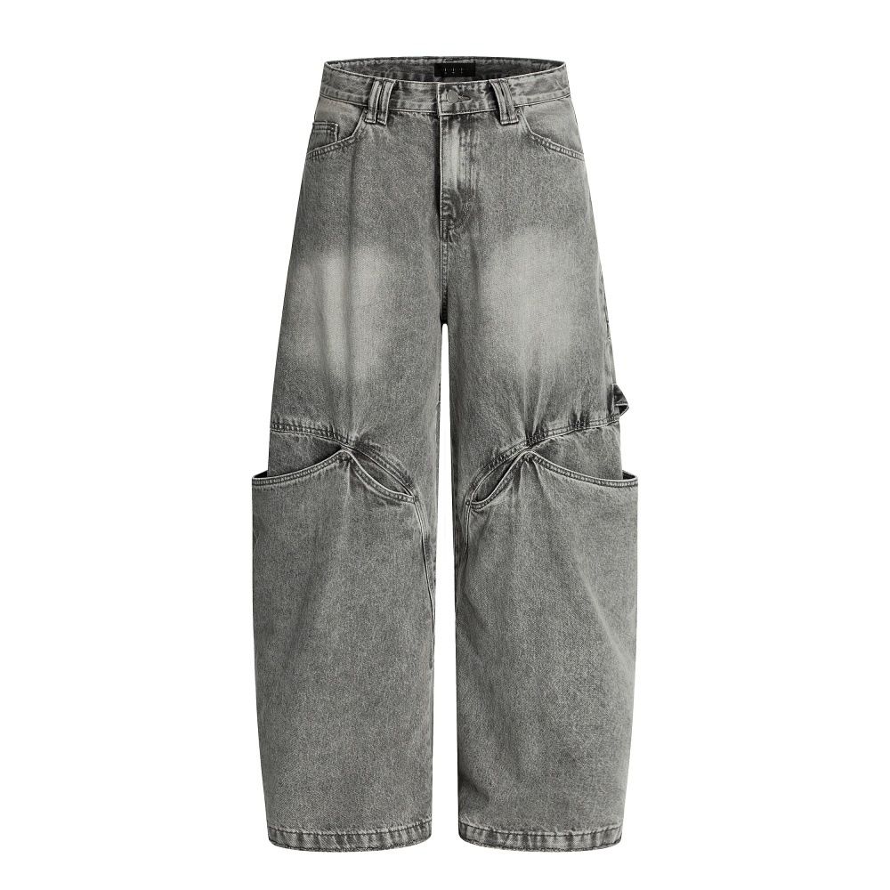 Punk Vintage Washed Jeans Niche Design Loose Casual Men's Vibe Trendy Patchwork Cargo Pants_mkmklike.com