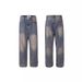 Distressed Mud-Dyed Baggy Jeans – Unisex High Street Oversized Denim, Vintage Washed Blue, Straight Leg Streetwear Pants_mkmklike.com