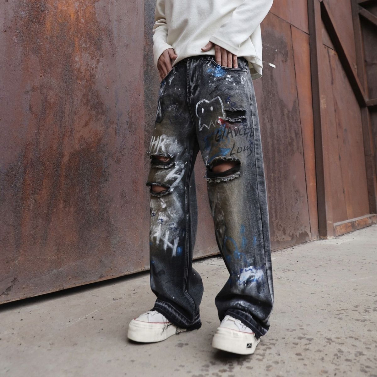 Men's Clothing American Vibe Dirty Old Graffiti Wide Leg Jeans Men's Personality Ripped Handsome Straight Casual Pants Men_mkmklike.com