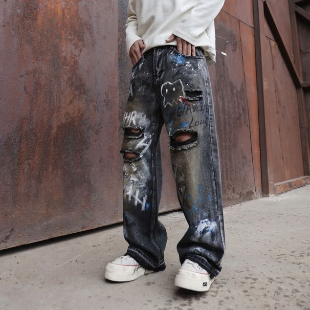 Men's Clothing American Vibe Dirty Old Graffiti Wide Leg Jeans Men's Personality Ripped Handsome Straight Casual Pants Men_mkmklike.com