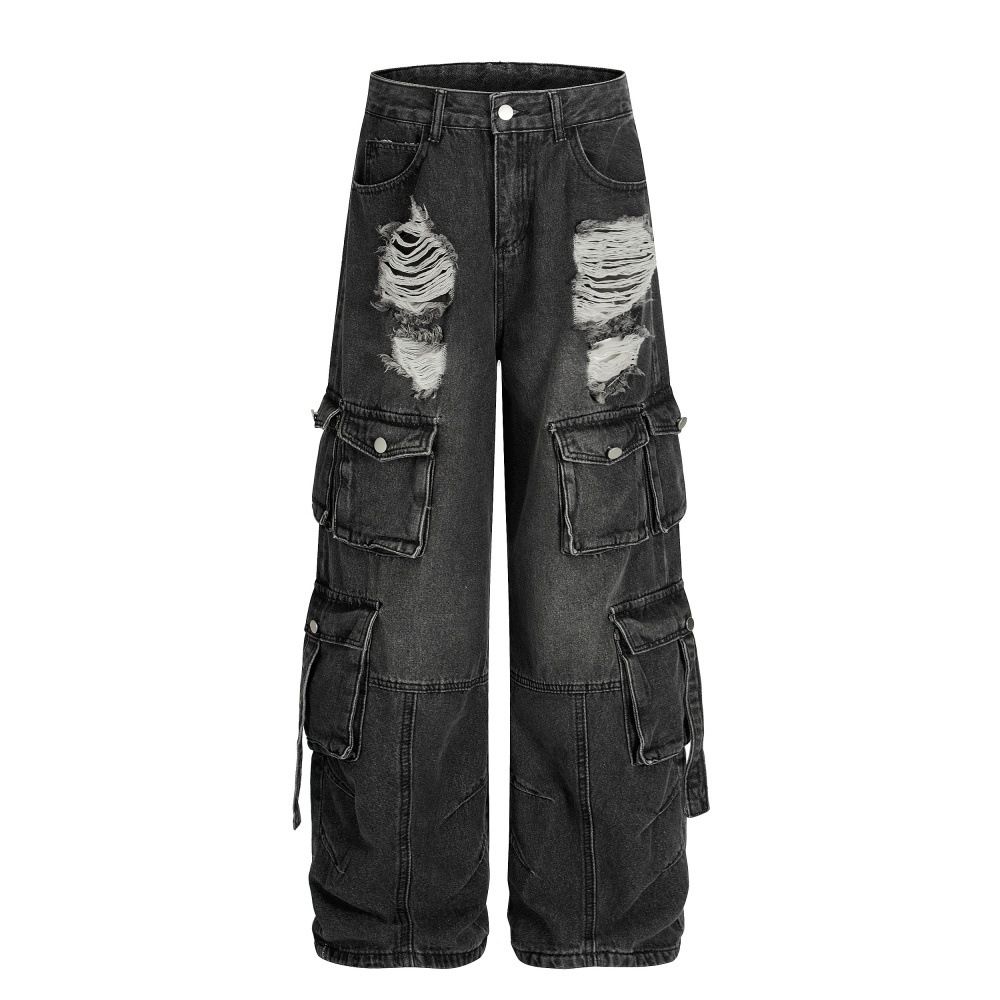 Niche High Street Multi-Pocket Cargo Denim Loose Men's Style Vibe Trendy Brand Washed Ripped Wide-Leg Straight Pants_mkmklike.com