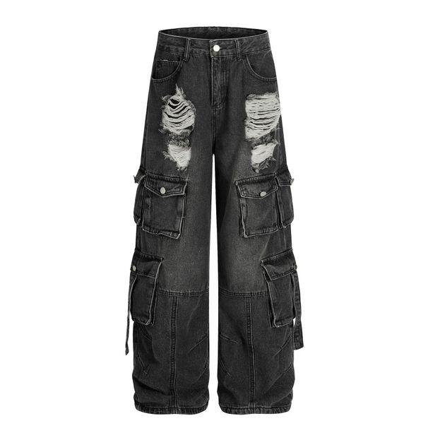 Niche High Street Multi-Pocket Cargo Denim Loose Men's Style Vibe Trendy Brand Washed Ripped Wide-Leg Straight Pants_mkmklike.com