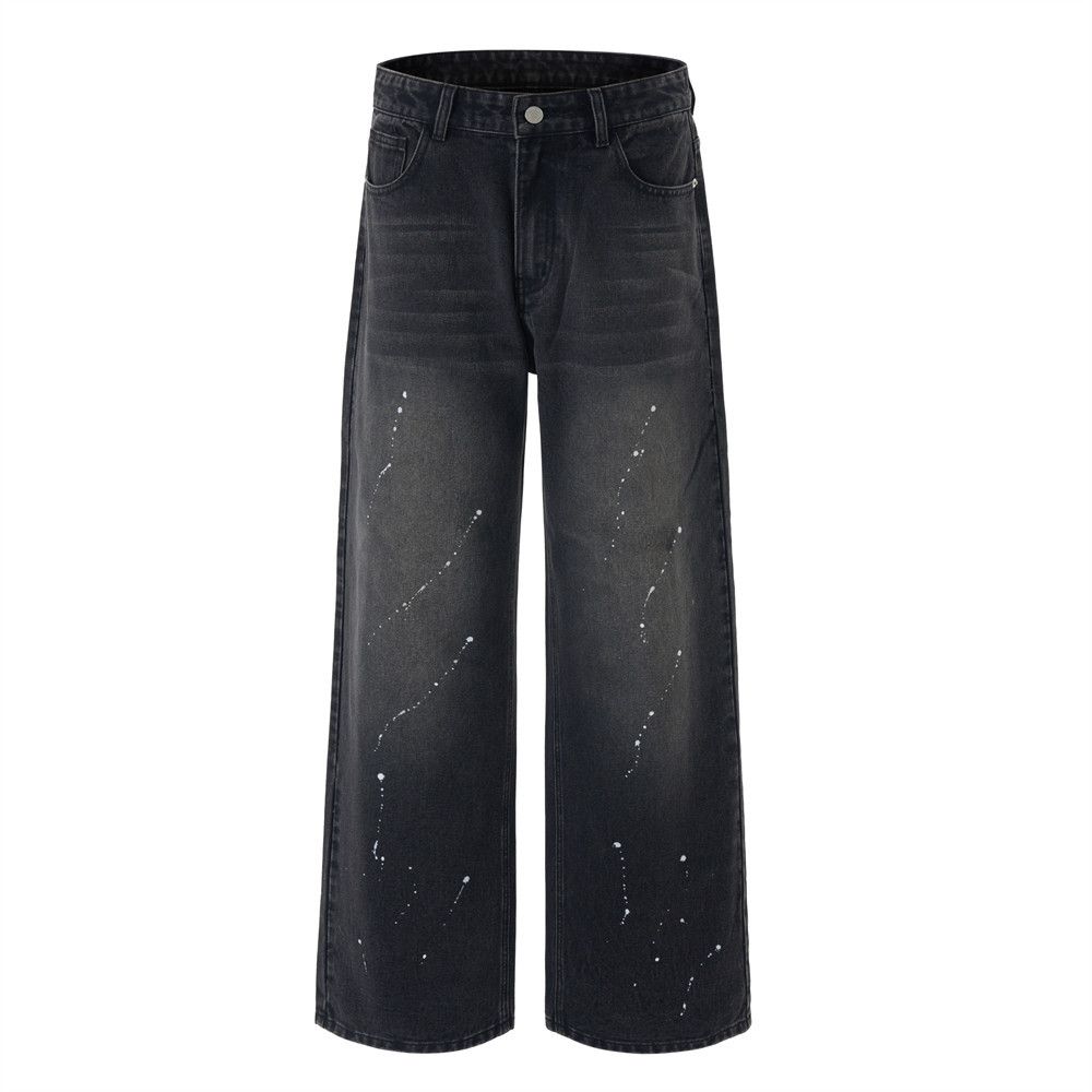 Punk Washed Vintage Jeans Men's Trendy Loose Straight Long Paint Splatter Ink Splash Wide Leg Pants_mkmklike.com