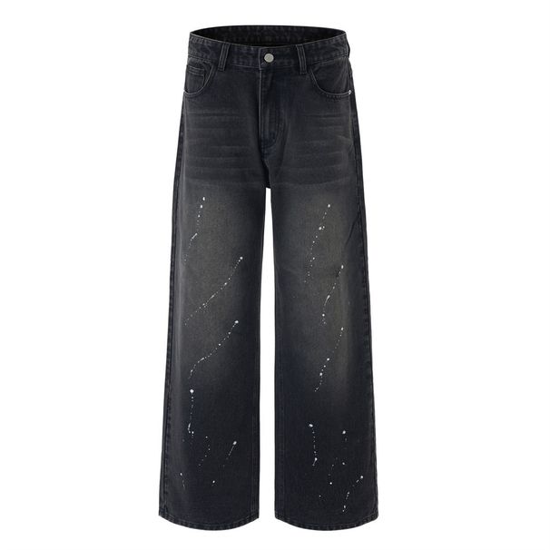 Punk Washed Vintage Jeans Men's Trendy Loose Straight Long Paint Splatter Ink Splash Wide Leg Pants_mkmklike.com