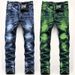 Men's Slim Fit Stretch Jeans Distressed Denim Pants Vintage Wash Blue Green 30-40_mkmklike.com