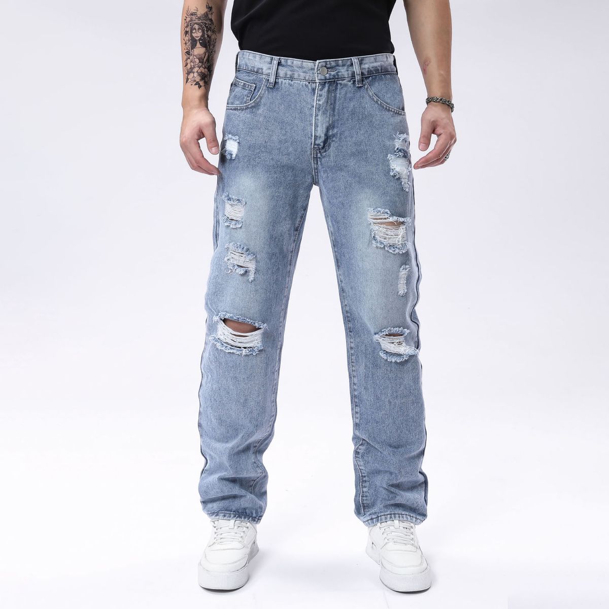 Men's Fashion Ripped Jeans Straight Tube Non Elastic High Street Style Light Blue Men's Pants Versatile For All Seasons Bicycle Ripped Denim Pants_mkmklike.com
