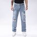 Men's Fashion Ripped Jeans Straight Tube Non Elastic High Street Style Light Blue Men's Pants Versatile For All Seasons Bicycle Ripped Denim Pants_mkmklike.com