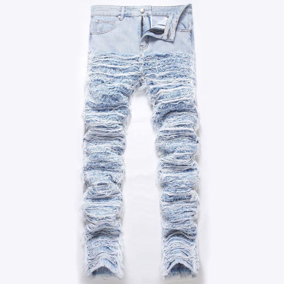 Men's Trendy Hip Hop Style Distressed Fringe Loose Cuffs Heavy Duty Embroidered Ripped Straight Leg Jeans European American Design_mkmklike.com