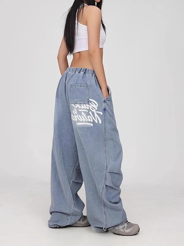 Trendy Distressed Letter Print Wide Leg Jeans For Women - Vintage Streetwear Denim Pants With Low Waist & Zip Details_mkmklike.com