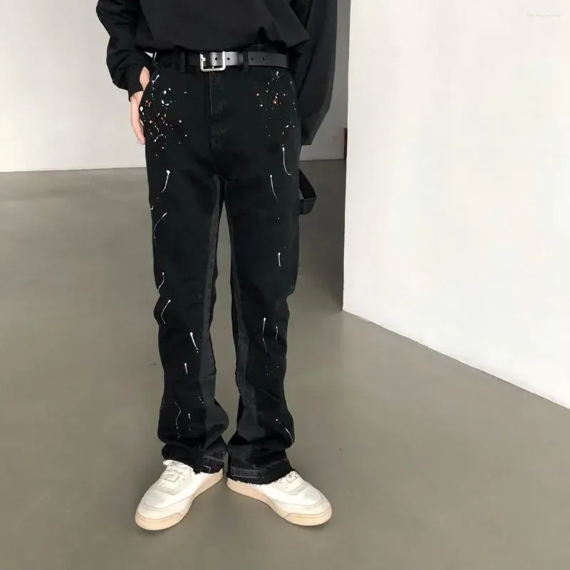Mens Jeans Black Wax Coated Flare Men Stretchy Fitted Matte Textured Bootcut Pants Wy Belt Vintage Hip Hop Trousers_mkmklike.com