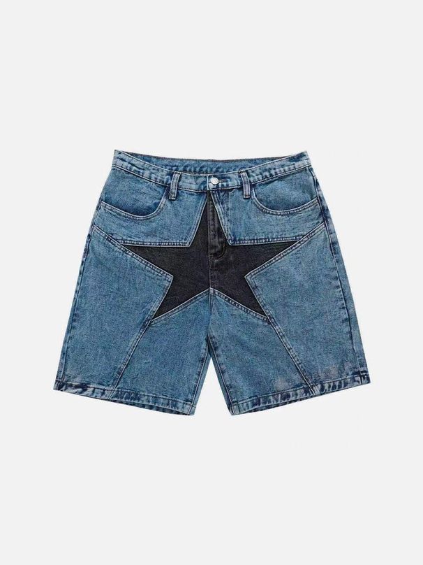Women's Clothing Street Fashion Loose And Contrasting Five Pointed Star Patch Denim Pants_mkmklike.com