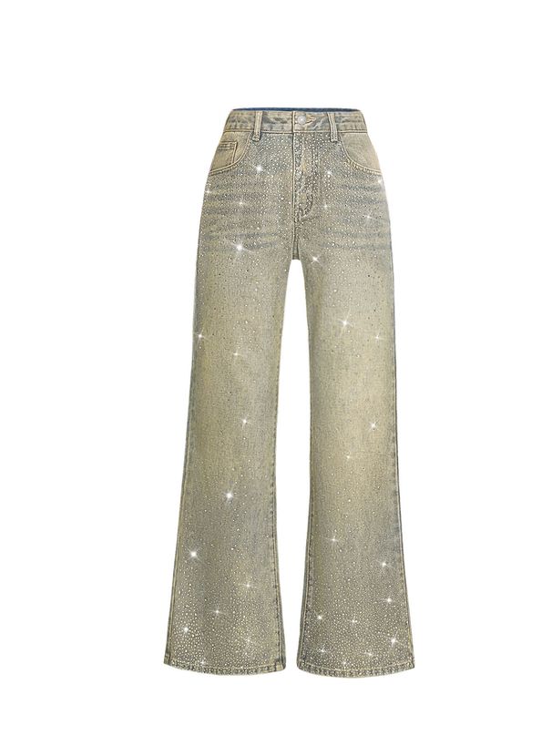 Women's High-Waisted Heavy-Duty Rhinestone Wide Leg Jeans Vintage Distressed Yellow Mud Dyed Straight Leg Pants_mkmklike.com