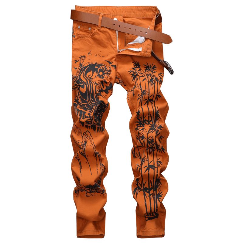 Men's Clothing Printed Slim Fit Straight Leg Jeans With Chinese Style Pattern, Casual Men's Denim Trousers_mkmklike.com