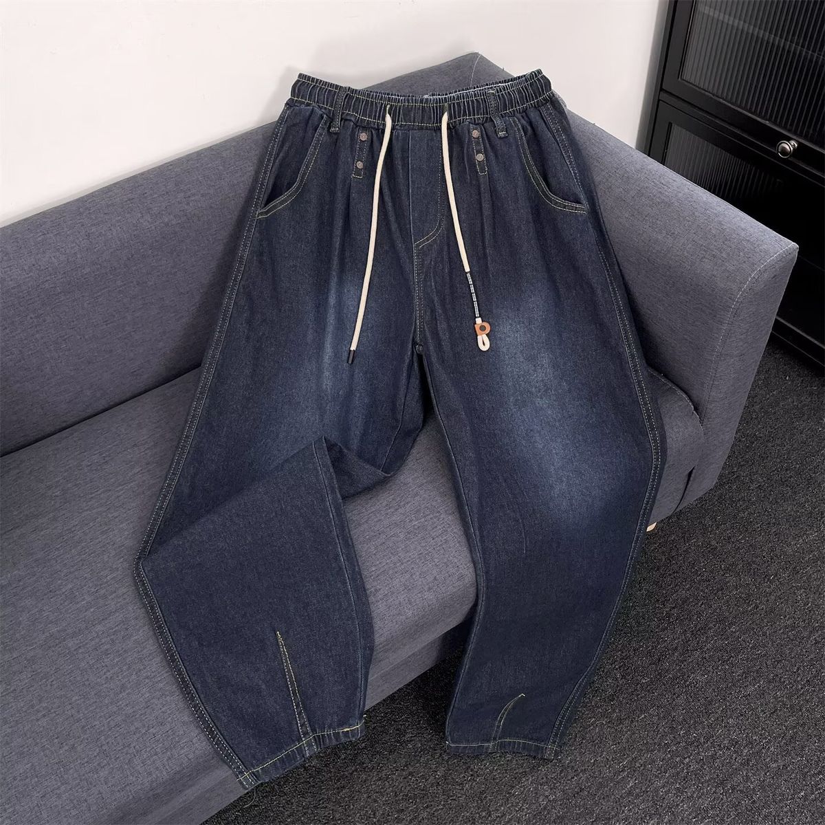 Men's Slim Fit Washed Blue Jeans - American Style Loose Harem Pants, Trendy Dad Jeans For Autumn & Winter, Comfortable Casual Wear_mkmklike.com