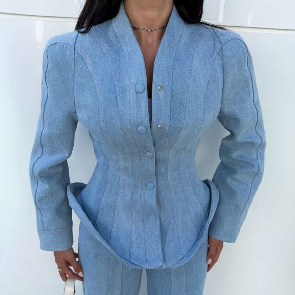 Women's Elegant Slim Fit Denim Jacket Long Sleeve Button up European American Style Autumn New Design Cross Border Fashion_mkmklike.com