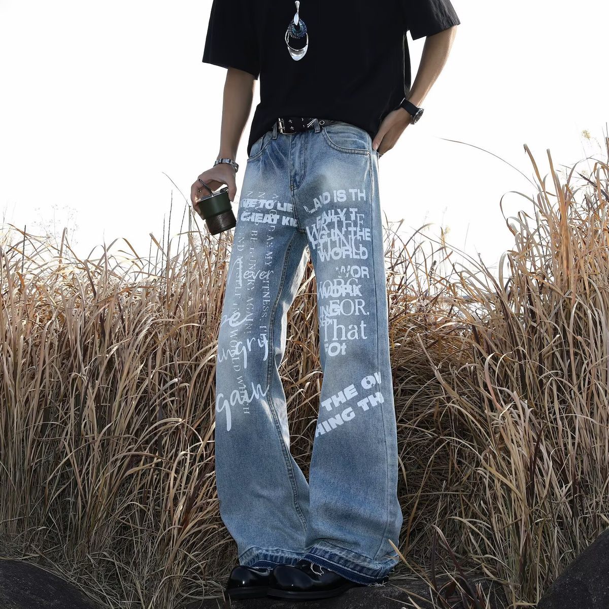 Men's Clothing Men's Retro Graffiti Hand-Painted Jeans – Loose Straight-Leg Hip-Hop Streetwear Pants With Artistic Print & Premium Drape_mkmklike.com