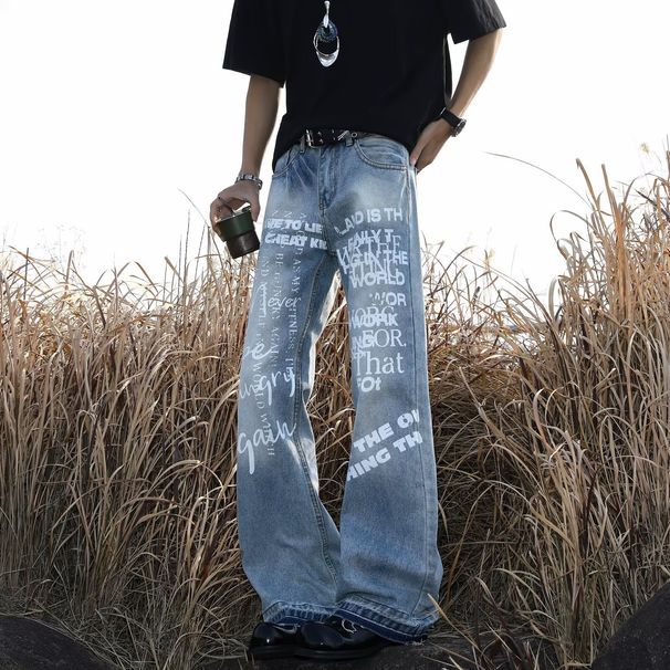 Men's Clothing Men's Retro Graffiti Hand-Painted Jeans – Loose Straight-Leg Hip-Hop Streetwear Pants With Artistic Print & Premium Drape_mkmklike.com