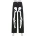 Street Skeleton Graffiti Jeans Men's Bone Printed Night Light Hip Hop Straight Tube Loose Wide Leg Pants_mkmklike.com