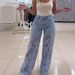 Women's High Waist Flared Lace Trim Denim Pants - Breathable Summer Wide Leg Trousers With Elegant Hollow-Out Design_mkmklike.com