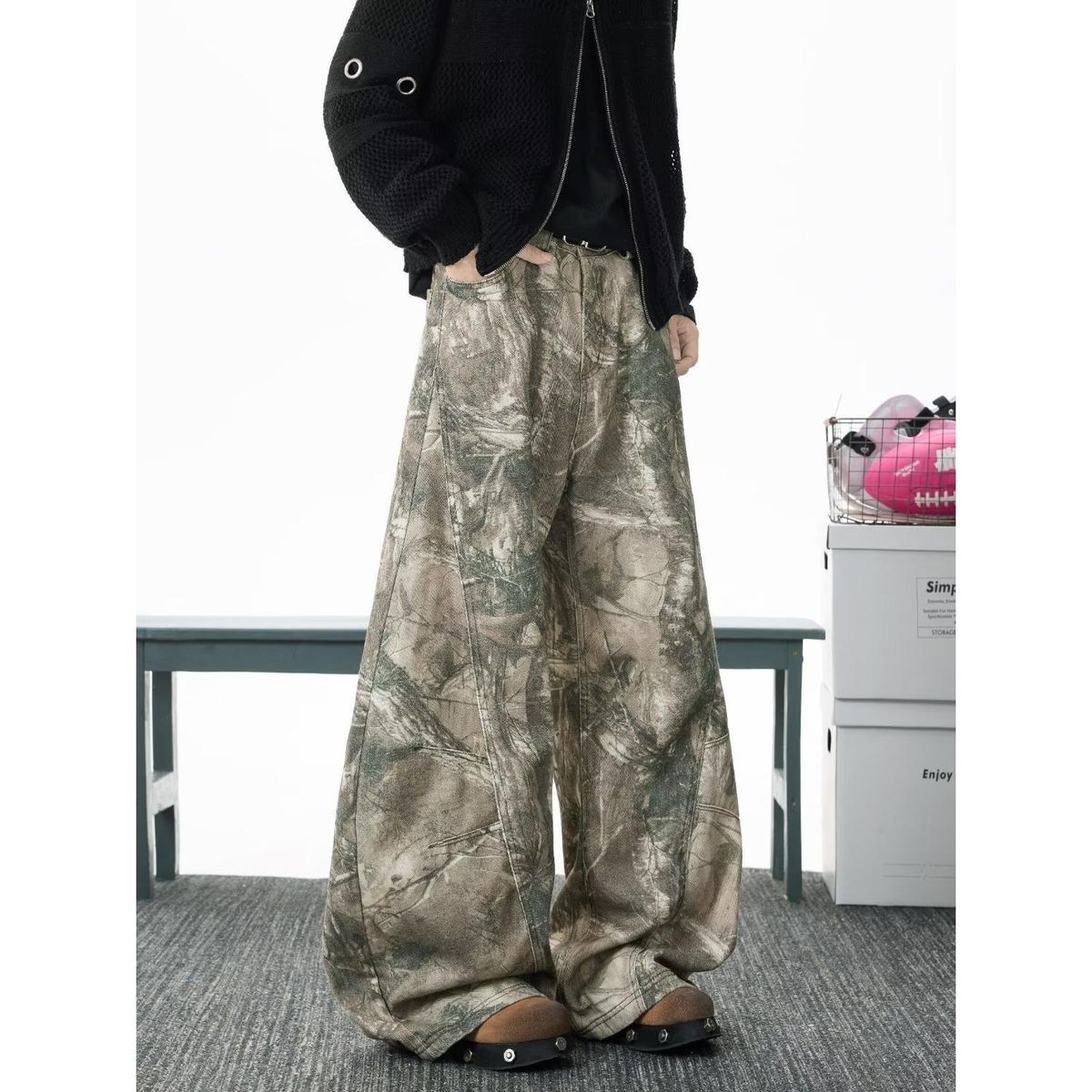 "Vintage Camo Cargo Pants For Men – Deconstructed Streetwear Baggy Fit With Drop-Cuff Hem (S-3XL, Military Green)"_mkmklike.com