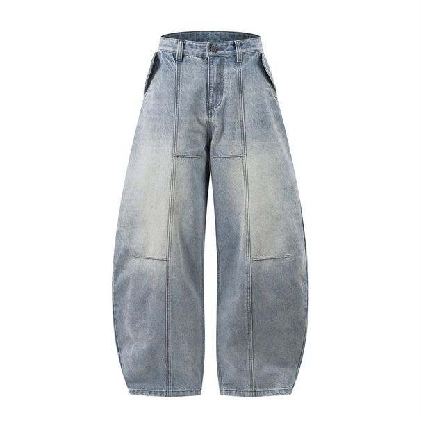 Bamboo Splicing Deconstructed Scimitar Jeans Men's Workwear Punk Distressed Washed Loose Fit Trousers Trendy_mkmklike.com