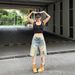 Summer High Street Women's Ripped Denim Mid-Length Shorts Slim Fit Straight Leg Distressed Washed Frayed Edges Five Point_mkmklike.com