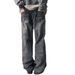 Washed Denim Jeans For Men, Straight Loose, Floor Length Wide Leg Pants, High-Quality Lightning Pattern Jeans, Summer_mkmklike.com