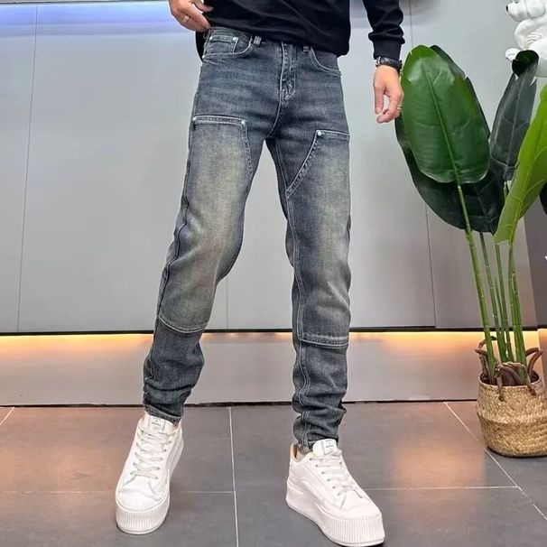 Trendy Men's Slim Fit Straight Leg Jeans High End European American Style Stretchy Casual Pants mid Waist Zipper Fly Blue_mkmklike.com