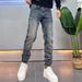 Trendy Men's Slim Fit Straight Leg Jeans High End European American Style Stretchy Casual Pants mid Waist Zipper Fly Blue_mkmklike.com