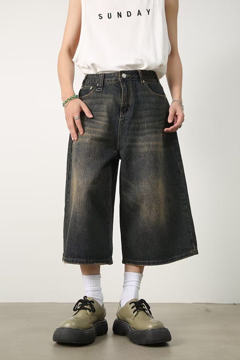 Men's Clothing Baggy Jeans Summer Loose Silhouette Washed Retro Distressed Seven Point Straight Denim Shorts_mkmklike.com