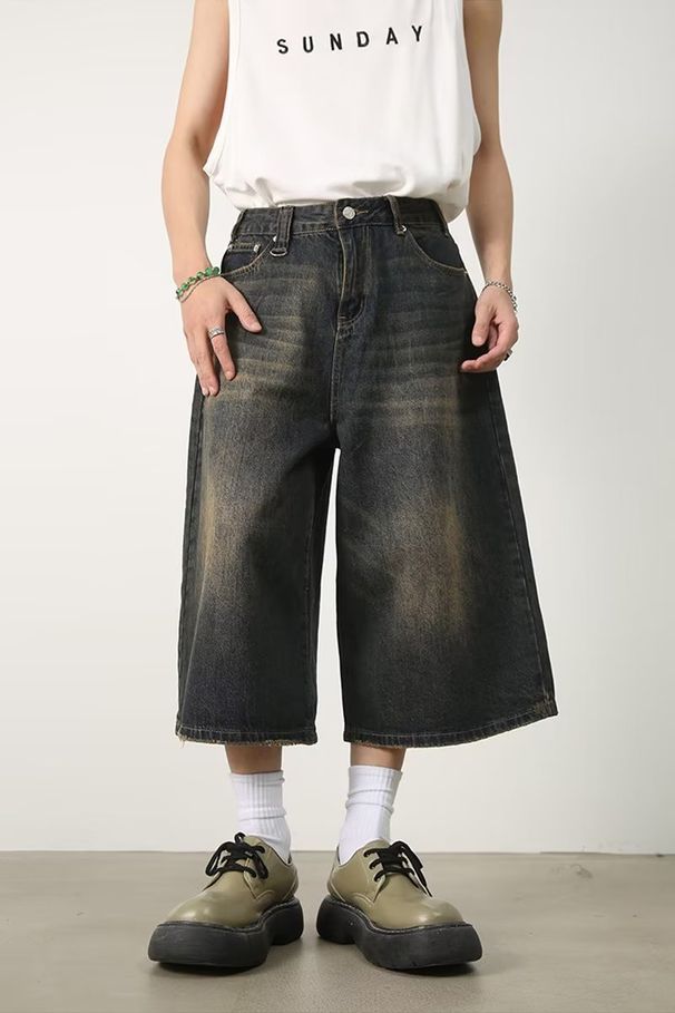 Men's Clothing Baggy Jeans Summer Loose Silhouette Washed Retro Distressed Seven Point Straight Denim Shorts_mkmklike.com