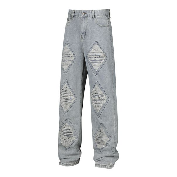Vintage Distressed Jeans For Men – Straight-Leg Ripped Denim Pants (Black/Blue, S-3XL) | Retro Streetwear & High Fashion Casual Trousers_mkmklike.com