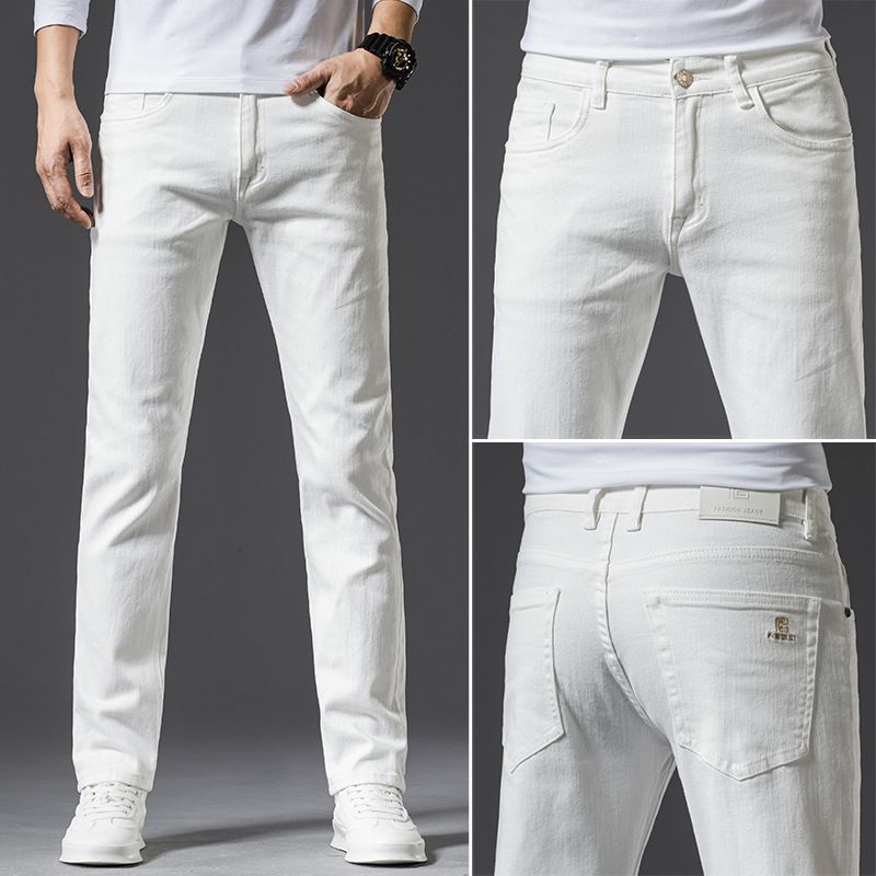 Men's Clothing Men's White Jeans, Elastic Small Straight Leg, Handsome High Waist Youth Long Pants, Versatile Classic Boy Korean Style_mkmklike.com
