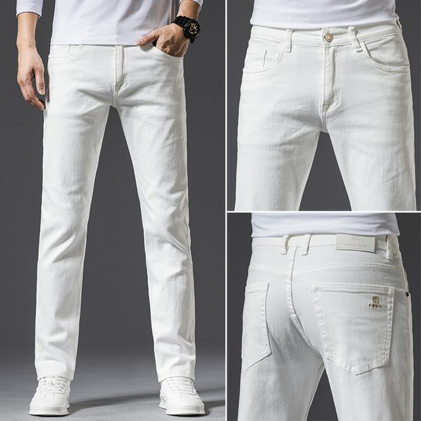 Men's Clothing Men's White Jeans, Elastic Small Straight Leg, Handsome High Waist Youth Long Pants, Versatile Classic Boy Korean Style_mkmklike.com