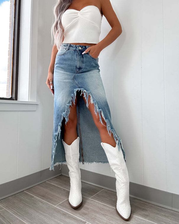 Women's Clothing New Denim Skirt High Waist Irregular Raw Edge Distressed Washed Skirt Women_mkmklike.com