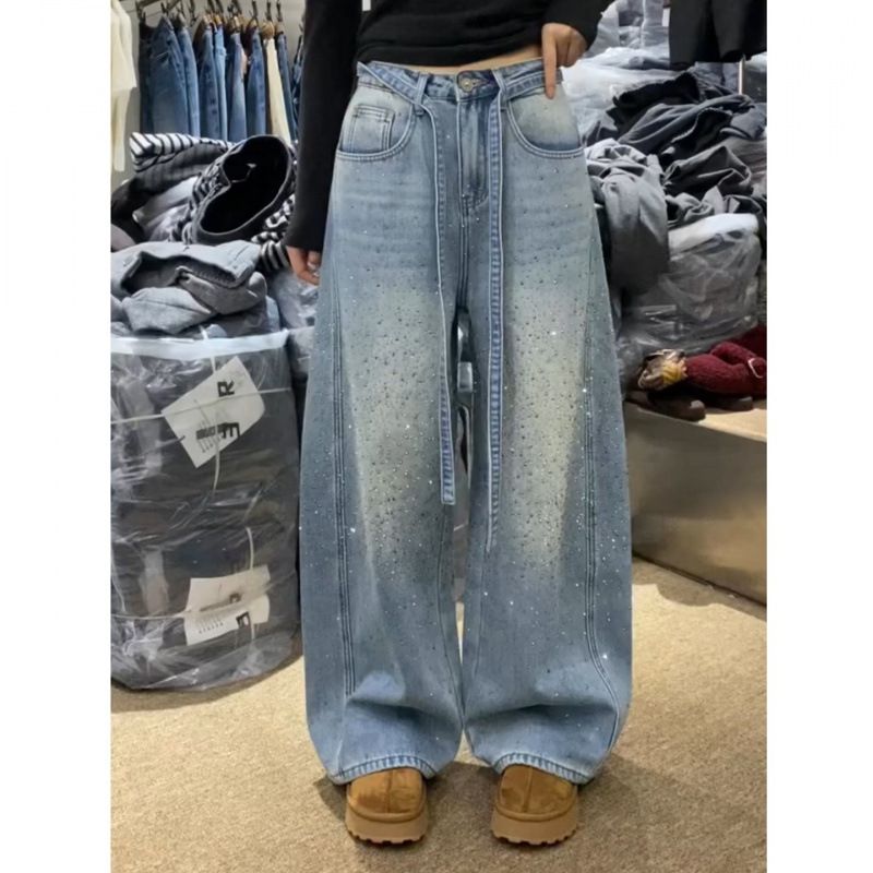 Starry Night Distressed Loose Wide-Leg High Waist Women's Jeans Rhinestone Embellishments Korean Style Pants_mkmklike.com