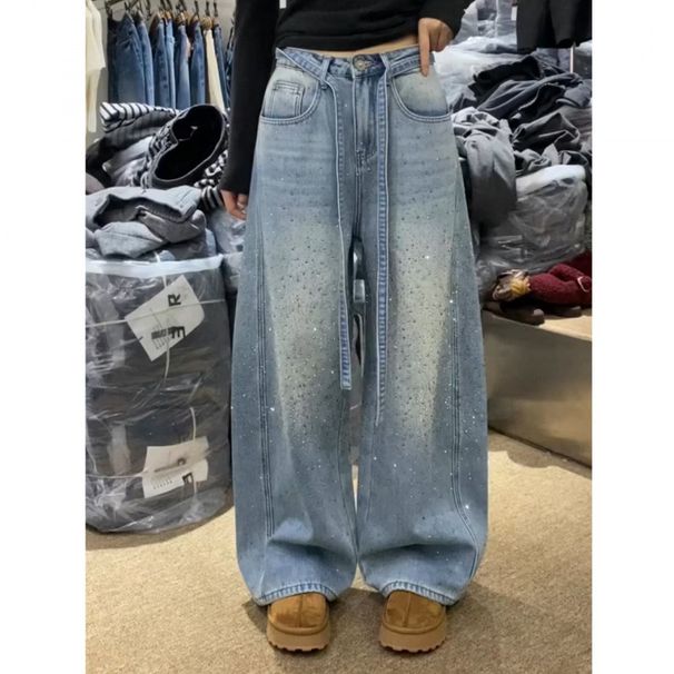 Starry Night Distressed Loose Wide-Leg High Waist Women's Jeans Rhinestone Embellishments Korean Style Pants_mkmklike.com