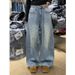 Starry Night Distressed Loose Wide-Leg High Waist Women's Jeans Rhinestone Embellishments Korean Style Pants_mkmklike.com