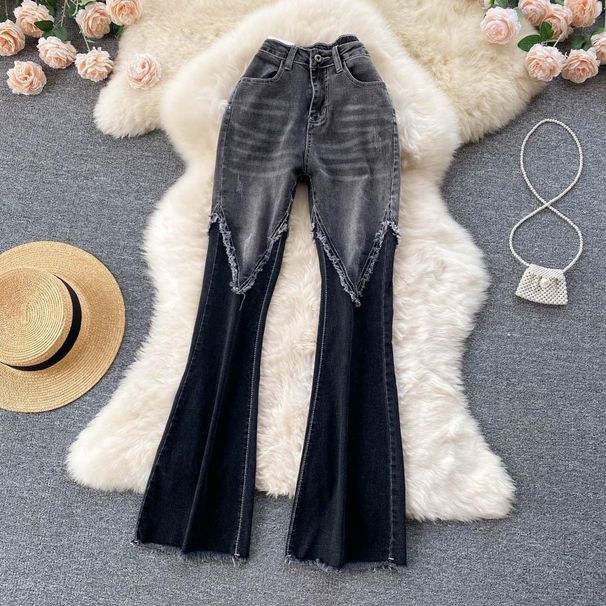 Women's splicing raw edge micro-flared jeans for women tassel stretch thin slim flared pants_mkmklike.com