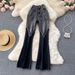 Women's splicing raw edge micro-flared jeans for women tassel stretch thin slim flared pants_mkmklike.com